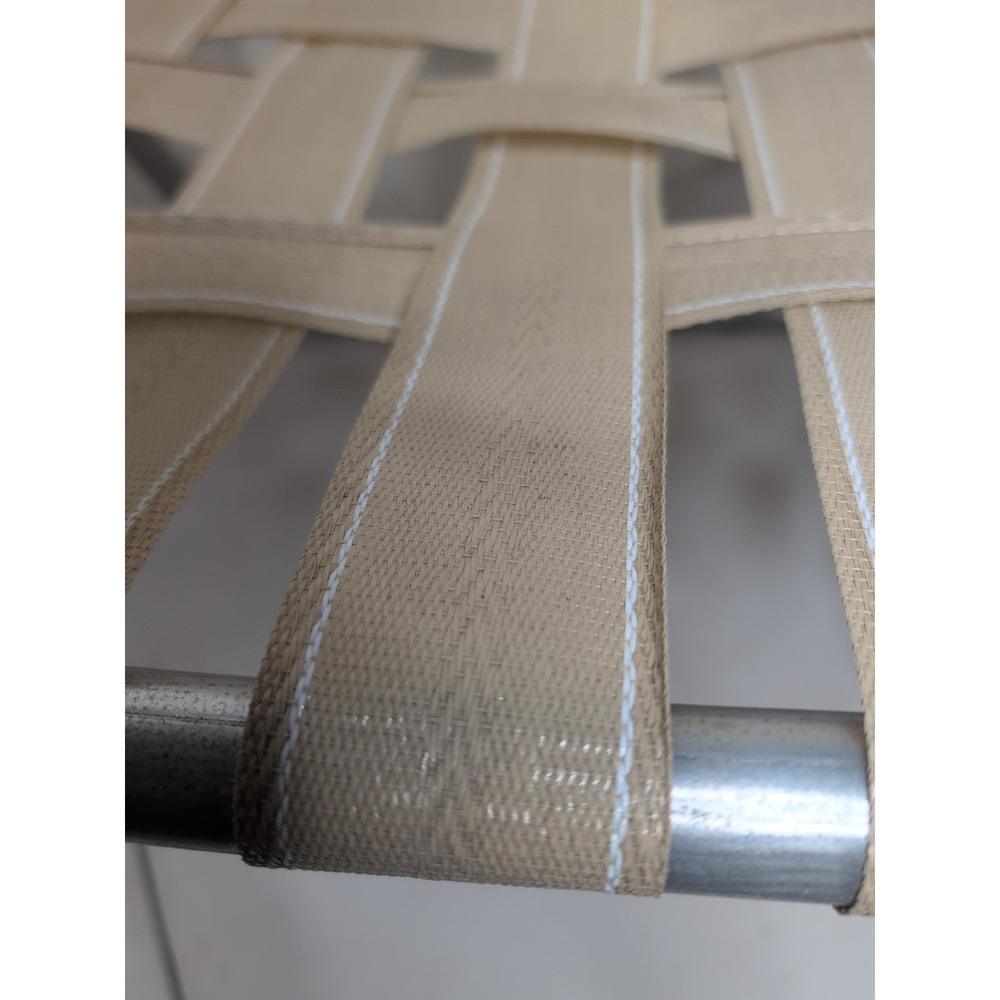 Vtg Pair Sunbeam Webbed Aluminum Folding Lawn Patio Chairs Tan w Replacement Web - Picture 4 of 7